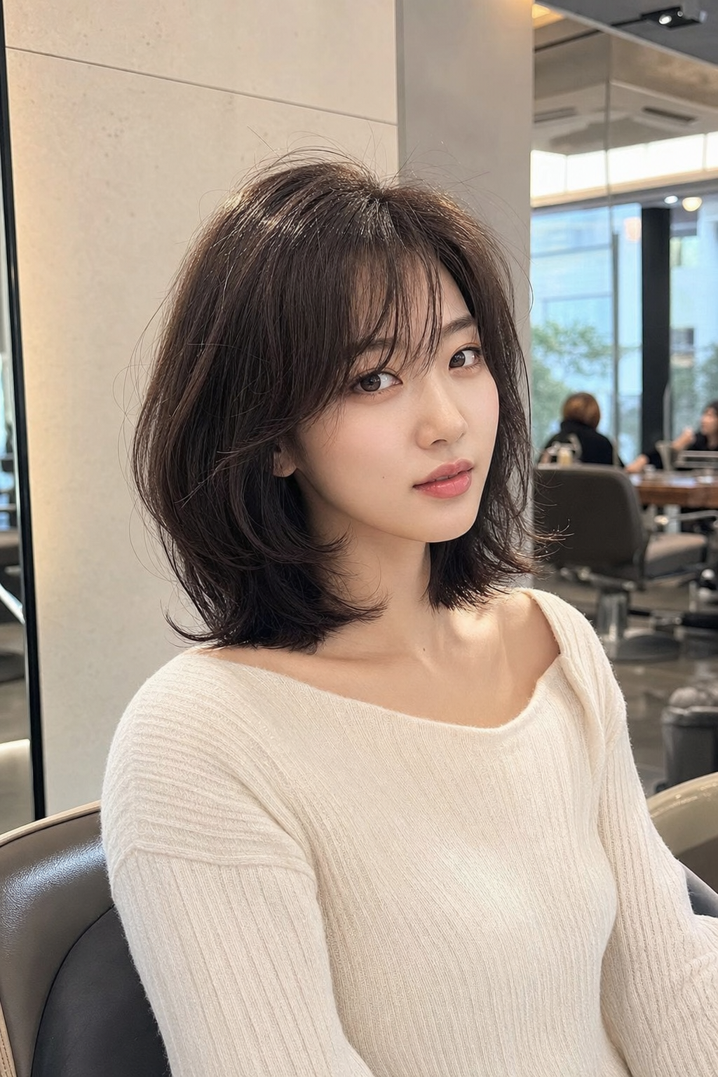 Park Eun-bin with a free-spirited, medium-length layered perm, natural and voluminous., with layered