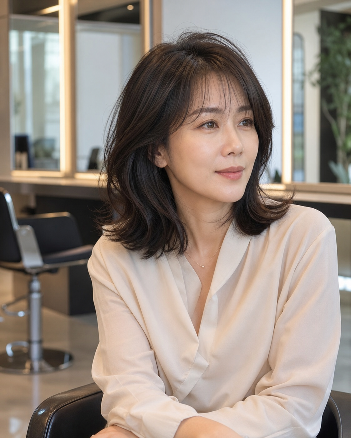얼굴선을 따라 자연스럽게 흐르는 레이어드컷으로 세련된 분위기 연출