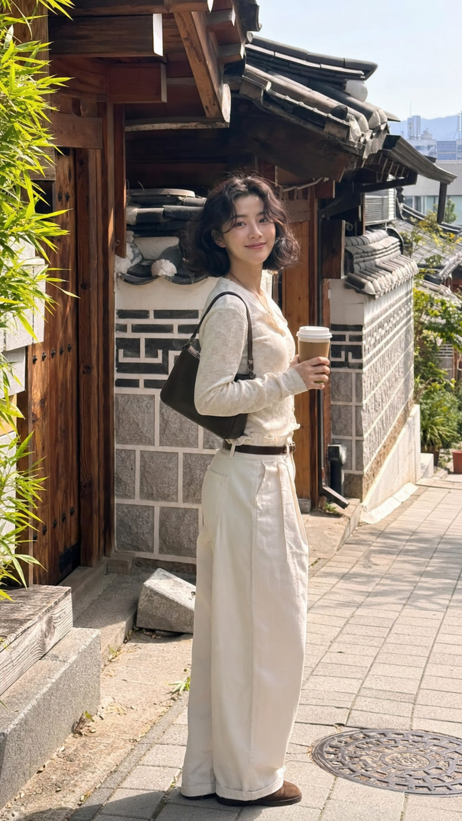 한옥 골목에서 담은 90년대 감성 파마 스타일