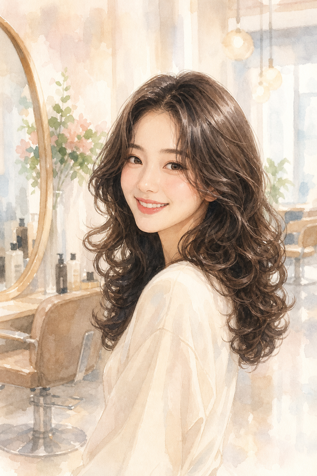 셋팅펌 시술 후 탄력 있고 아름다운 웨이브를 자랑하는 여성의 모습