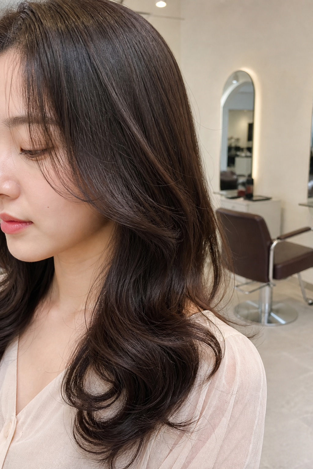 C컬 펌 시술 후 자연스러운 볼륨감과 윤기를 자랑하는 여성의 헤어스타일.
