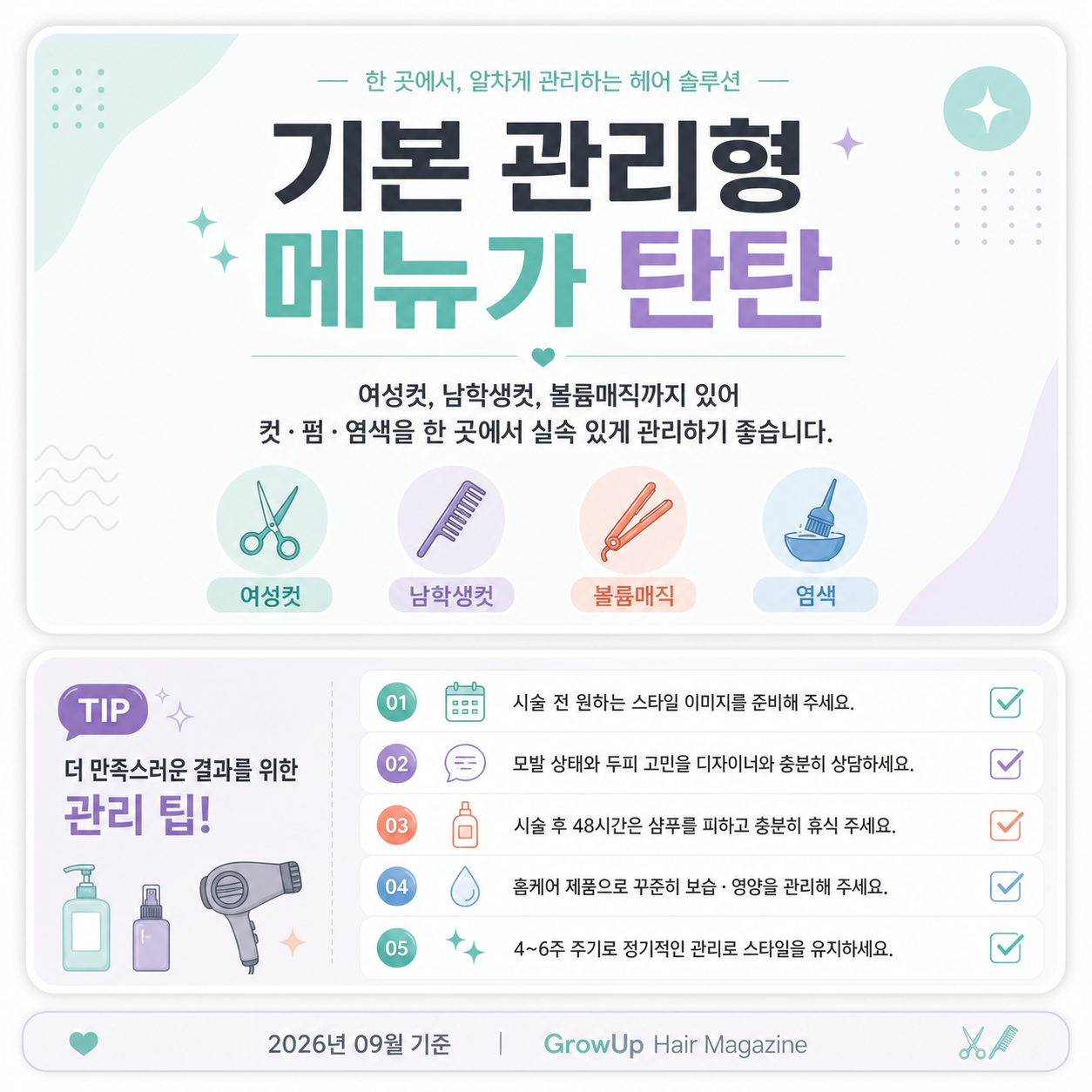 기본 관리형 메뉴가 탄탄 — 여성컷, 남학생컷, 볼륨매직까지 있어 컷·펌·염색을 한 곳에서 실속 있게 관리하기 좋습니다.