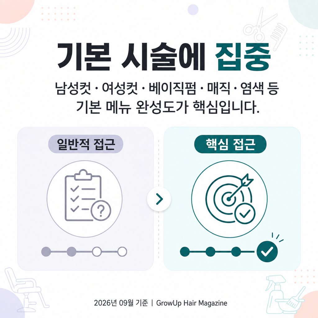 기본 시술에 집중 — 남성컷·여성컷·베이직펌·매직·염색 등 기본 메뉴 완성도가 핵심입니다.