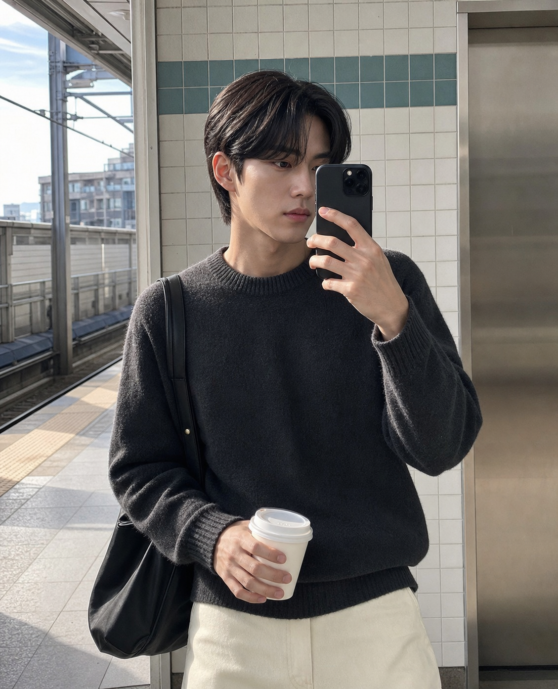 지하철역 입구 거울 셀카 스타일
