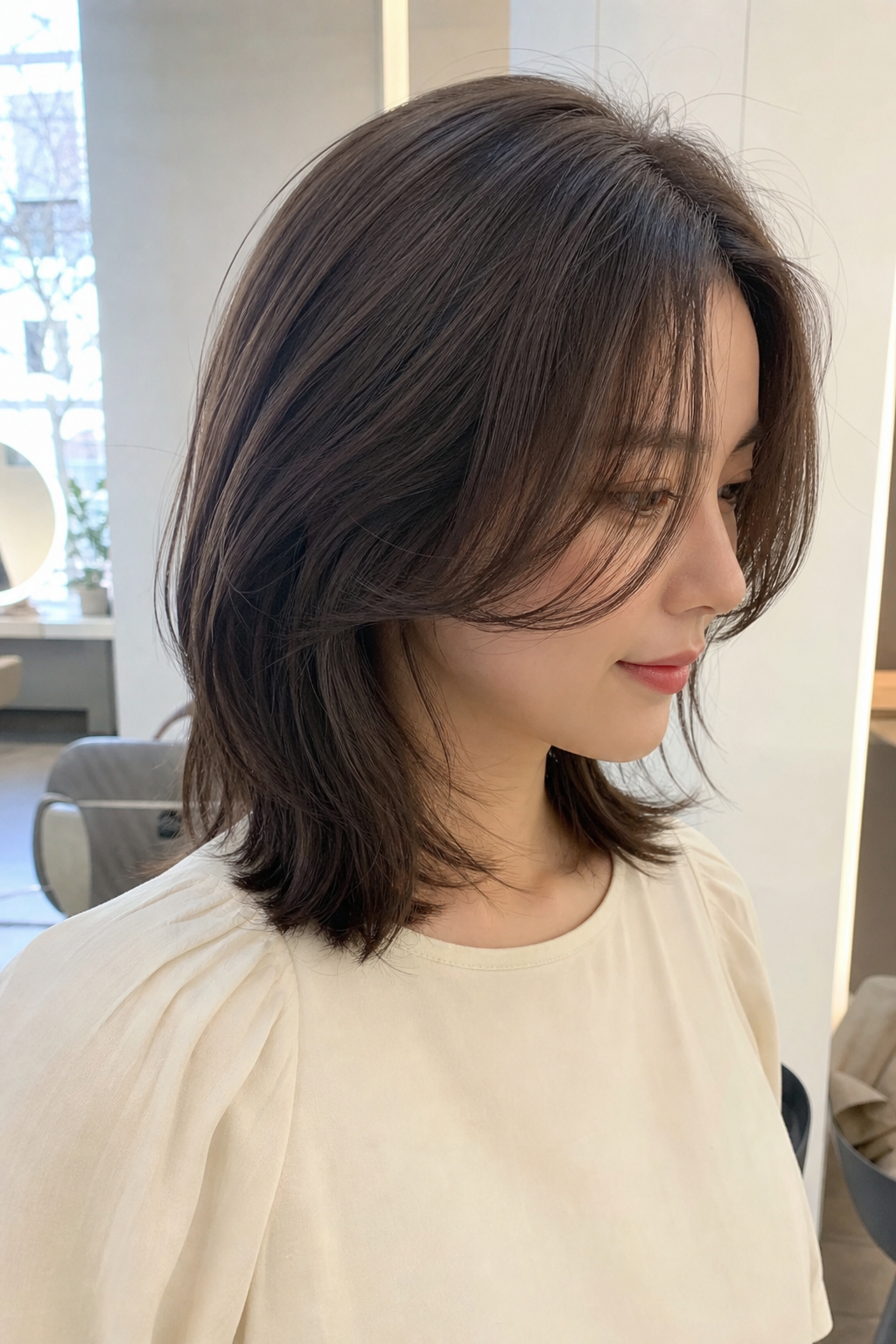 애쉬브라운 염색과 레이어드컷으로 완성한 세련된 헤어스타일