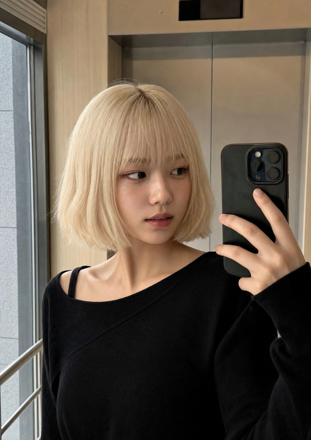 엘리베이터 로비 거울 셀카로 보여주는 턱선 금발 단발