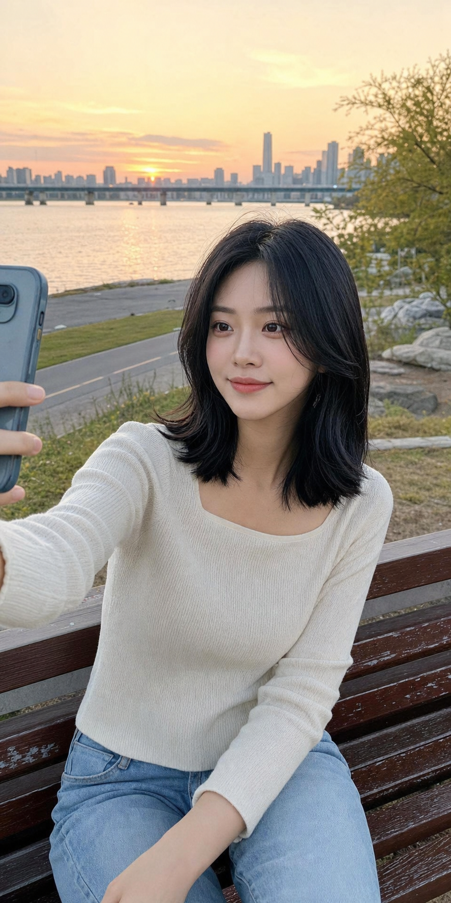 한강공원 노을빛 속 긴 머리 히피펌