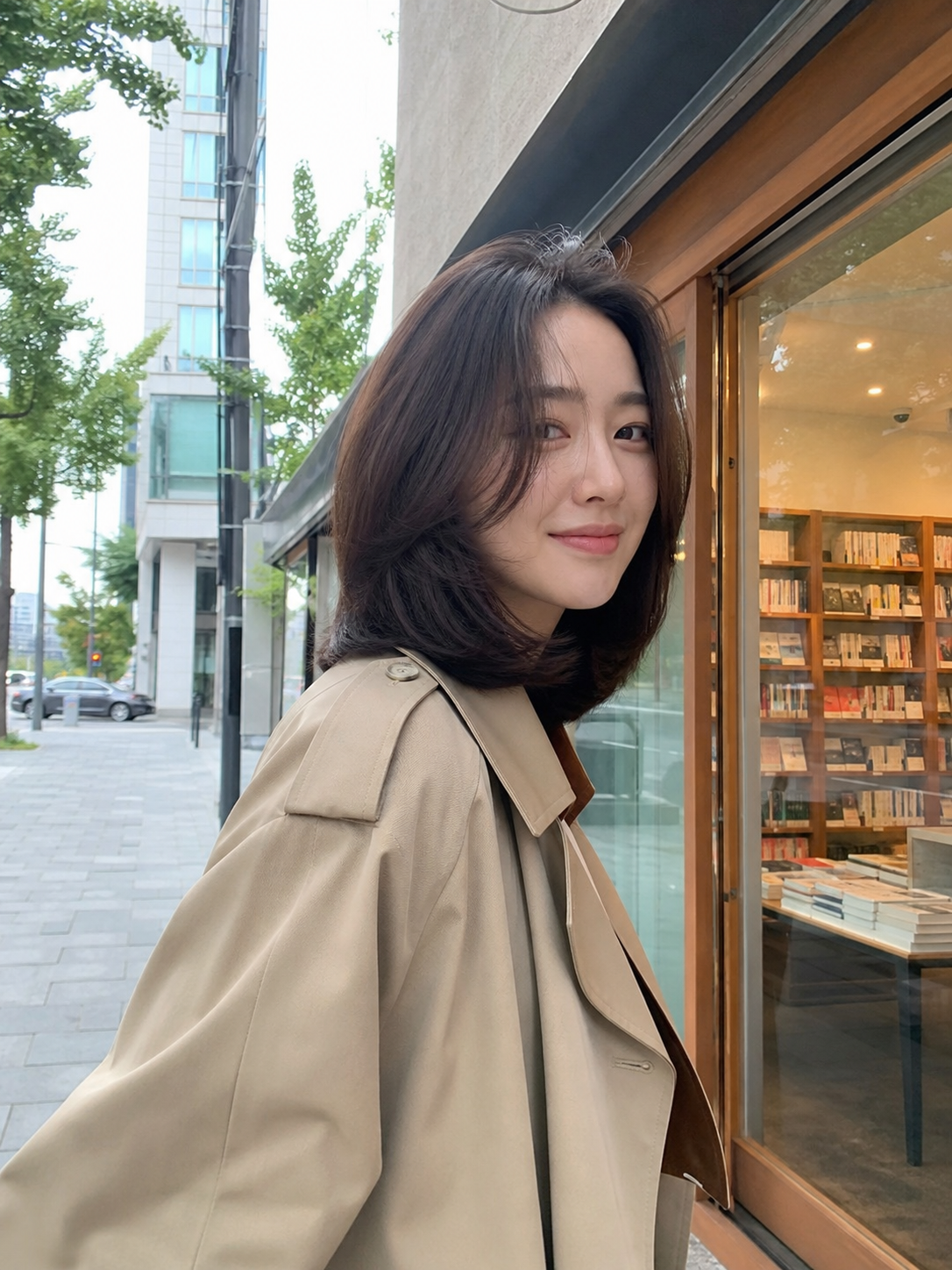 서점 앞에서 단정하게 떨어지는 얼굴선 보정 스타일