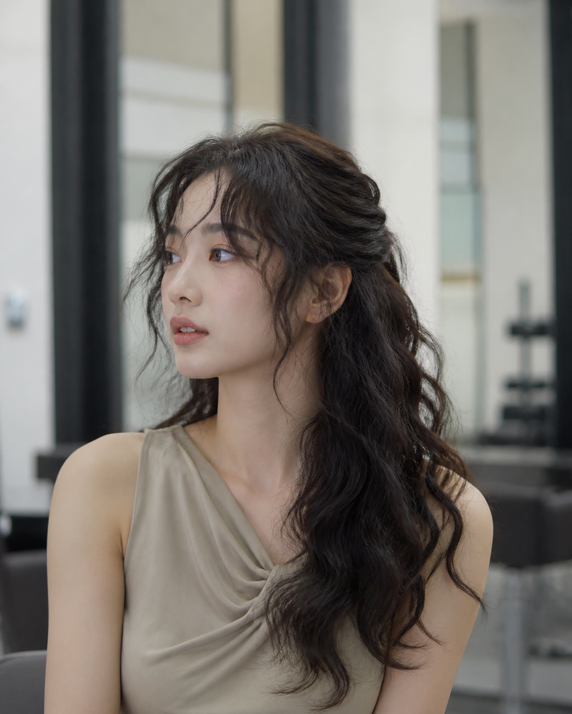 긴머리 웨이브에 잔머리를 살린 분위기 있는 스타일