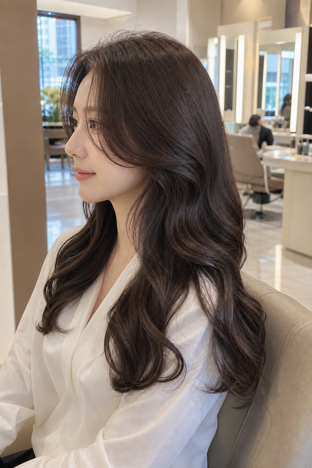 우아하고 풍성한 긴머리 웨이브의 옆모습