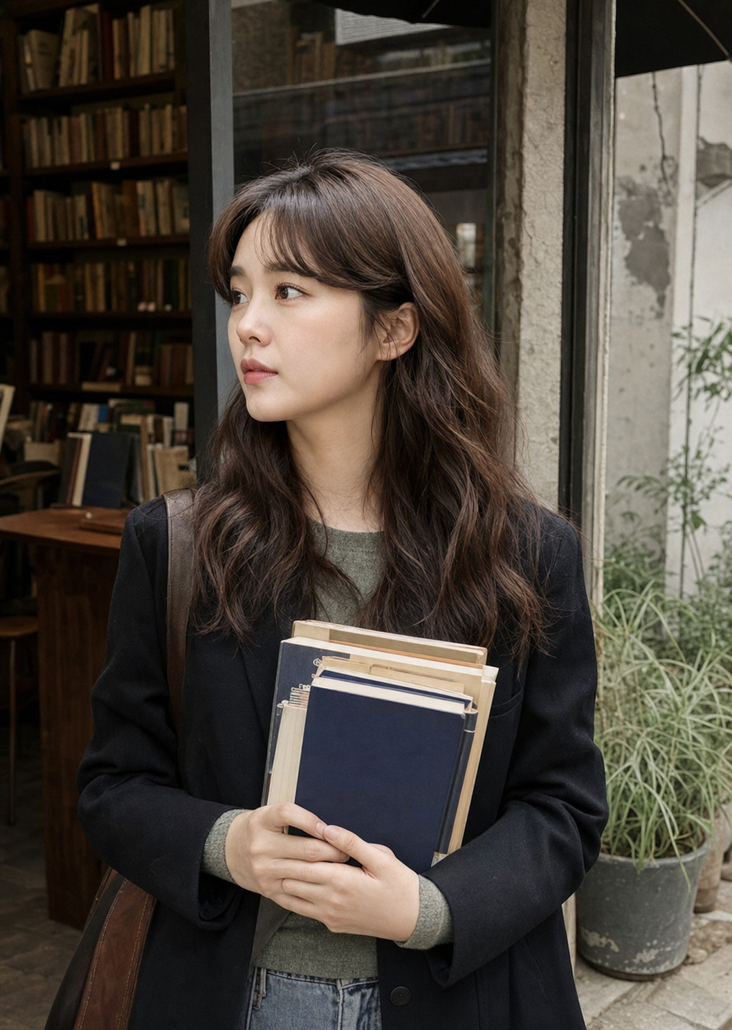 서점 앞 일상 컷, 단정하고 세련된 인상