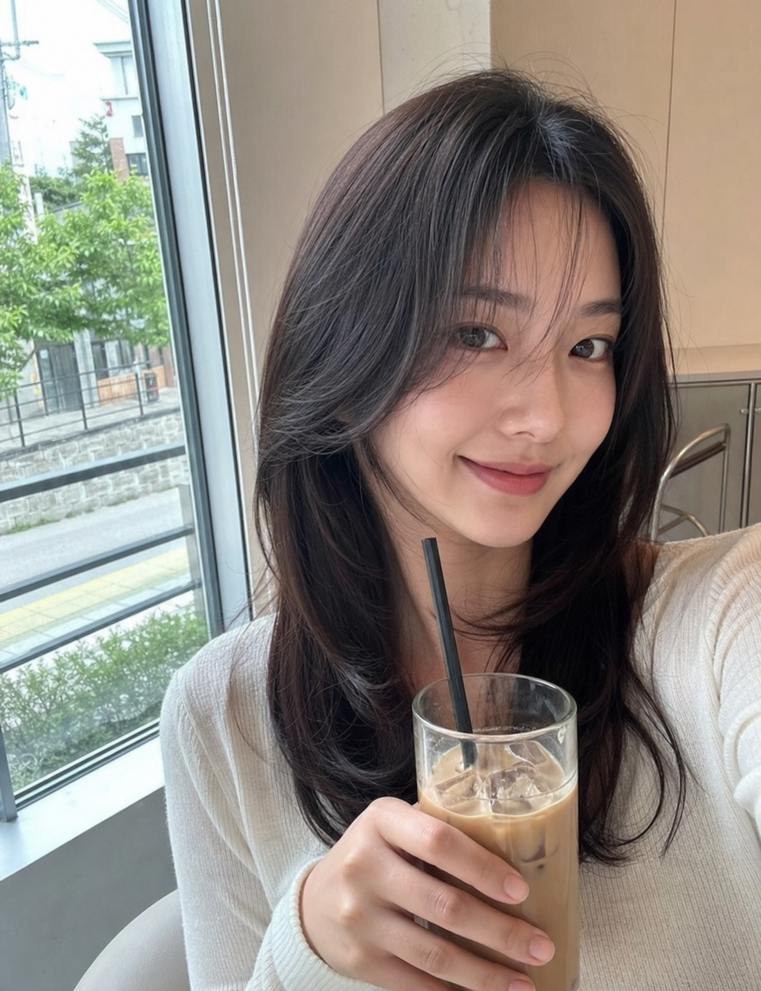 카페 창가에서 담은 자연스러운 롱 레이어드 셀피