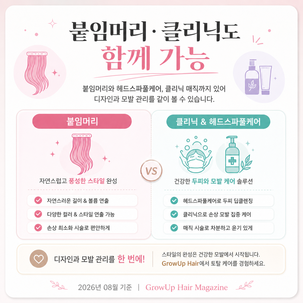 붙임머리·클리닉도 함께 가능 — 붙임머리와 헤드스파풀케어, 클리닉 매직까지 있어 디자인과 모발 관리를 같이 볼 수 있습니다.