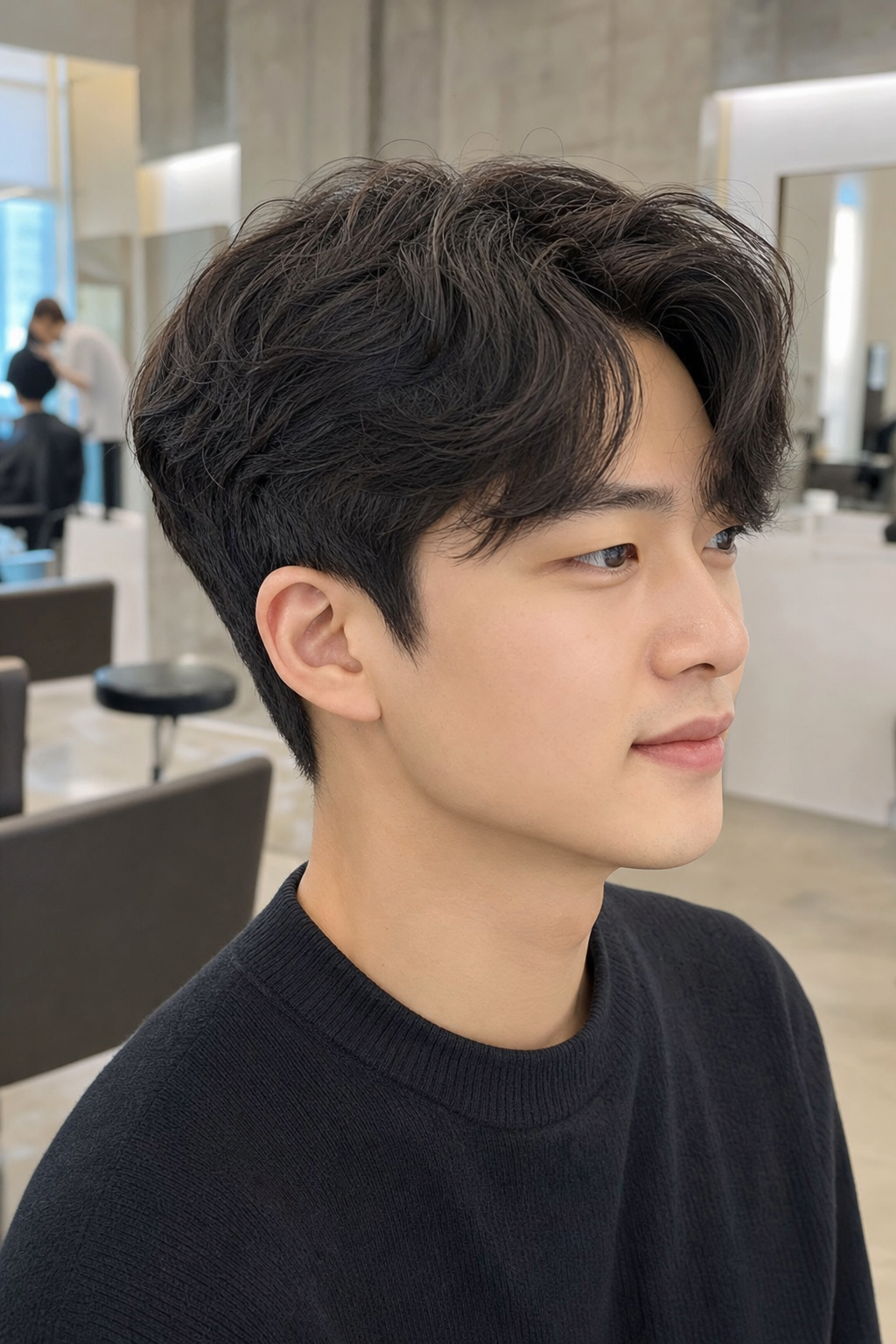 자연스러운 웨이브와 이마 노출로 세련된 이미지를 연출하는 애즈펌