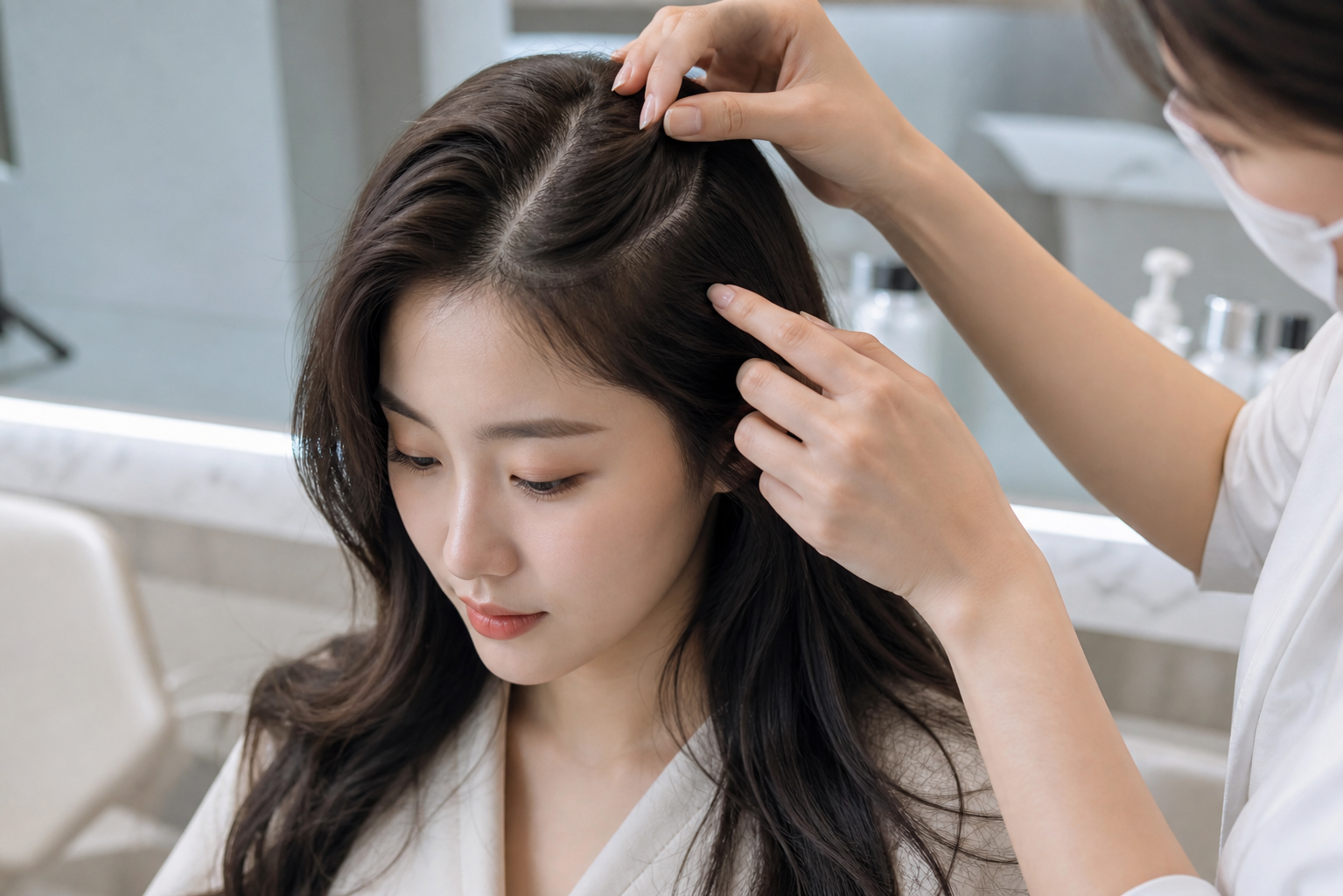 두피 상태를 살피는 상담 장면