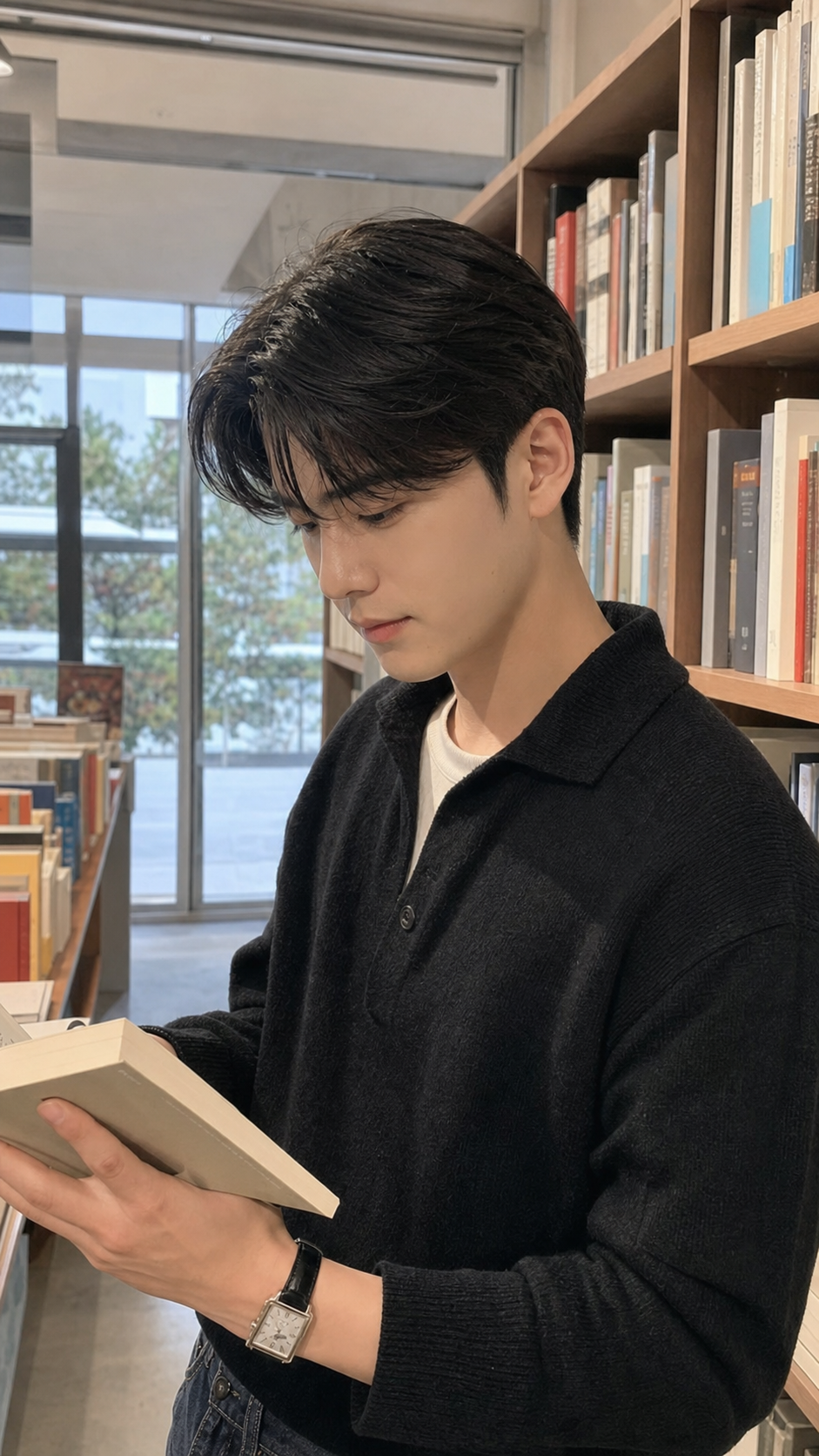 서점에서 담백하게 정돈된 헤어