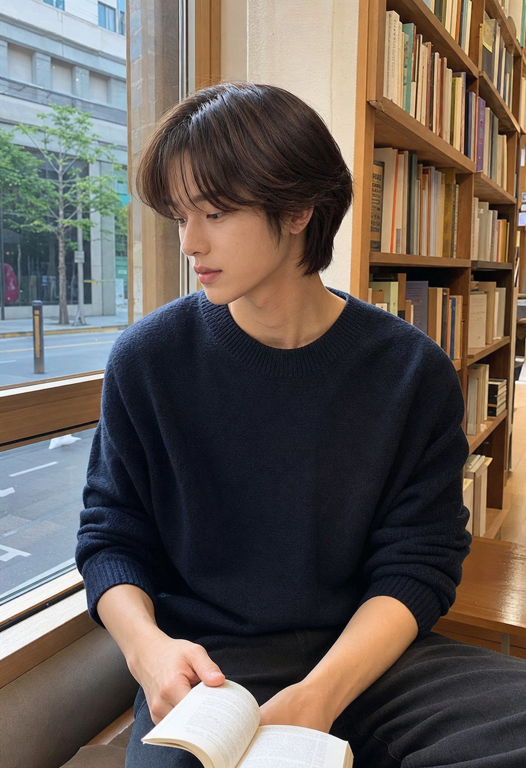 서점 창가에서 보이는 플래티넘 실버 무드