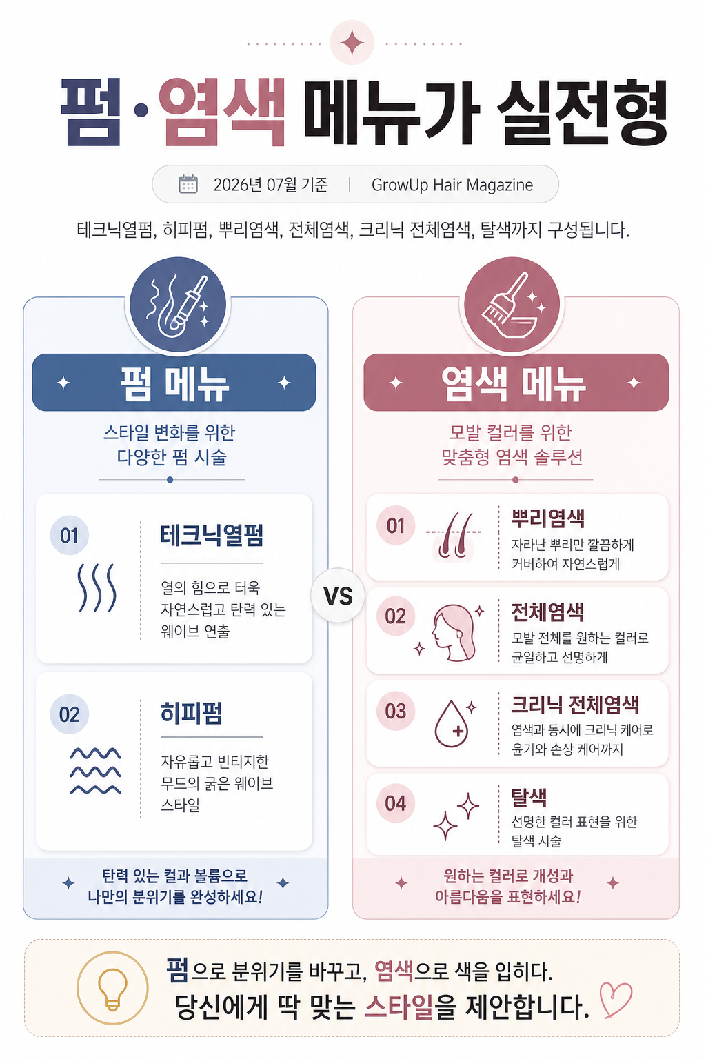 펌·염색 메뉴가 실전형 — 테크닉열펌, 히피펌, 뿌리염색, 전체염색, 크리닉 전체염색, 탈색까지 구성됩니다.