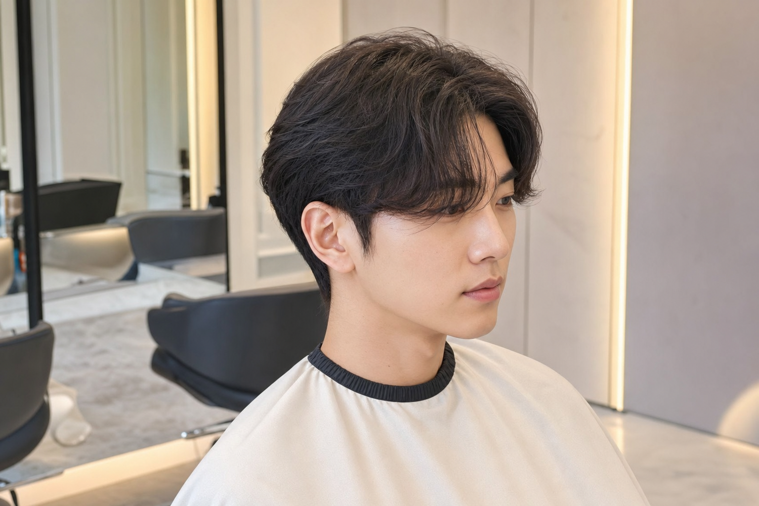 이마를 완전히 열지 않은 남성 가일컷형 앞머리넘기기